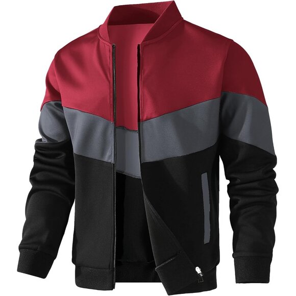 Men's Red/Gray/Black Lightweight Jacket Color Block Casual Bomber Jacket - Picture 1 of 7